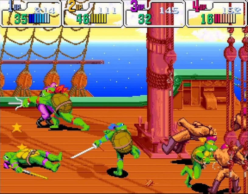 Retro Turtles in Time SNES inspired design featuring classic Teenage Mutant Ninja Turtles beat em up aesthetic side scrolling arcade action time traveling adventure pixel art combat iconic Konami gameplay nostalgic Super Nintendo presentation gameplay