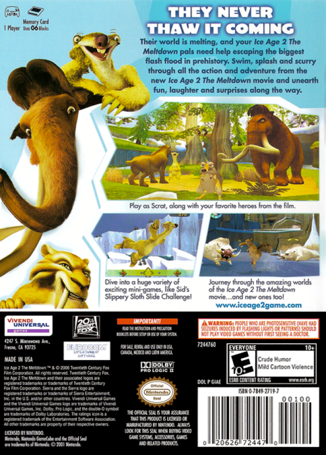 Ice Age 2 The Meltdown GameCube GC video game, action adventure, platformer gameplay, animated movie tie-in, family-friendly, Nintendo GameCube title back cover