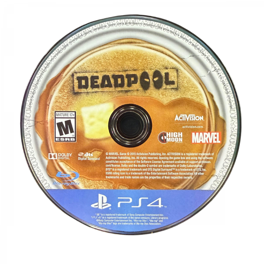 Deadpool PS4 inspired design featuring comic book action adventure aesthetic fourth wall breaking humor chaotic hack and slash combat Marvel antihero gameplay over the top violence cinematic superhero action nostalgic presentation disc