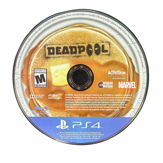 Deadpool PS4 inspired design featuring comic book action adventure aesthetic fourth wall breaking humor chaotic hack and slash combat Marvel antihero gameplay over the top violence cinematic superhero action nostalgic presentation disc