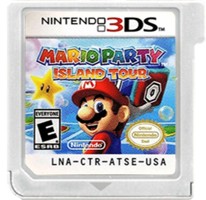 Nintendo 3DS game cartridge for 'Mario Party Island Tour' with Mario character on the cover.