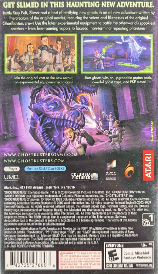 Ghostbusters: The Video Game for PlayStation Portable (PSP) at Gamers INC, featuring an original story penned by the film's creators that casts you as a new recruit alongside the original crew, bringing the proton-streaming, ghost-trapping action to a handheld format with unique stylized graphics and intense paranormal encounters as you save New York City from a new supernatural outbreak back cover