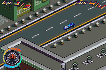 Hot Wheels All Out for Game Boy Advance, gameplay for a retro video game featuring arcade racing gameplay, high-speed track challenges, stunt driving, collectible cars, and fast-paced competition