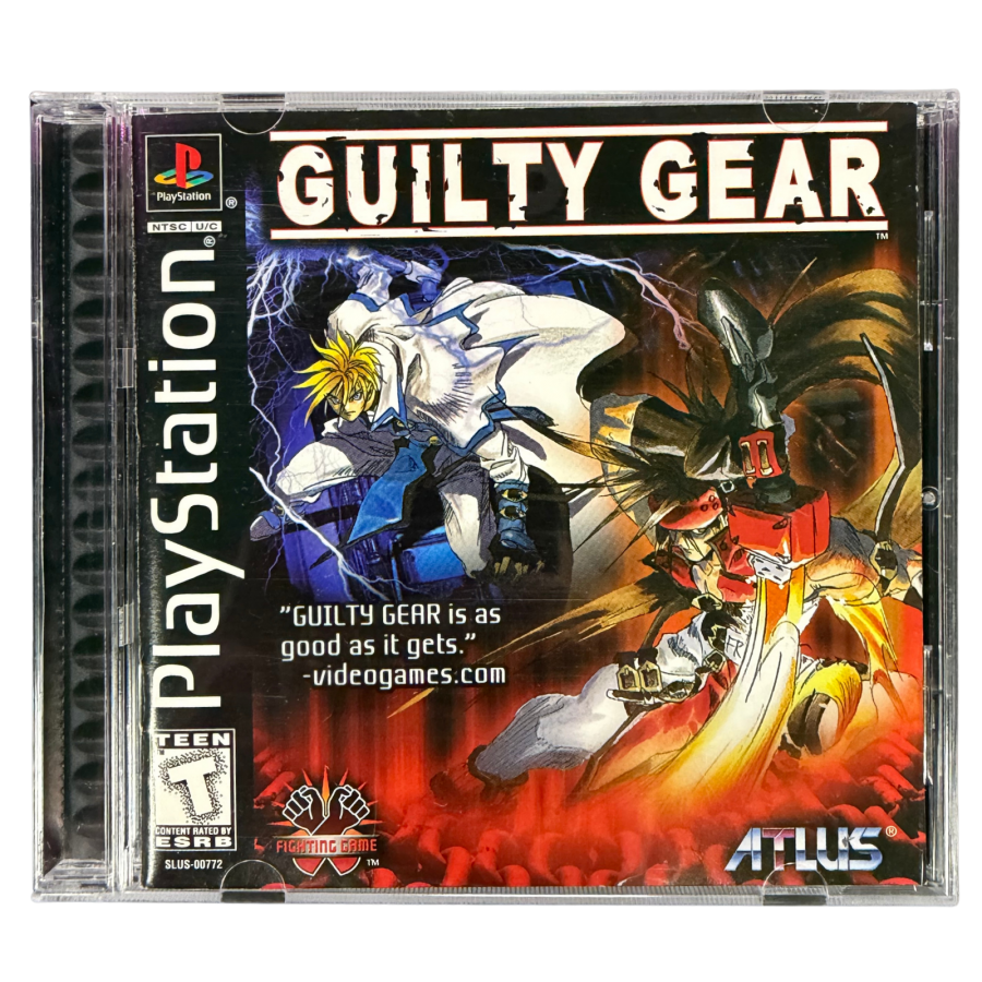 Guilty Gear PlayStation PS1 for fighting video game fans featuring fast paced 2D combat anime inspired characters powerful special moves combo attacks unique fighting styles challenging battles and classic Arc System Works gameplay collectible retro PlayStation gaming appeal cover art