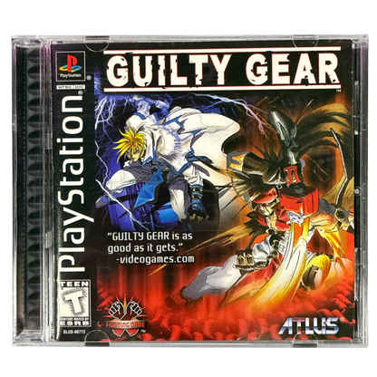 Guilty Gear PlayStation PS1 for fighting video game fans featuring fast paced 2D combat anime inspired characters powerful special moves combo attacks unique fighting styles challenging battles and classic Arc System Works gameplay collectible retro PlayStation gaming appeal cover art