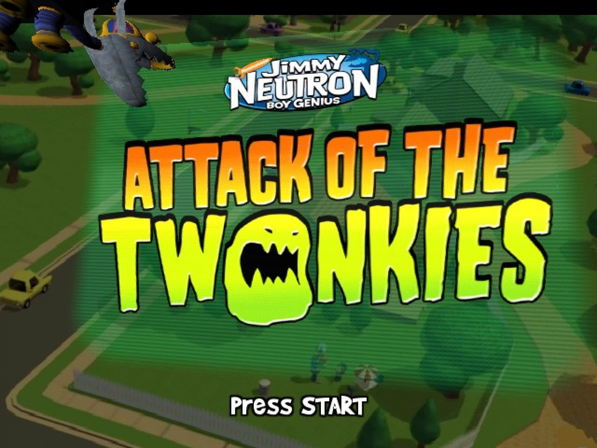 Title screen for The Adventures of Jimmy Neutron Boy Genius Attack of the Twonkies GameCube GC video game, action adventure, cartoon, family-friendly, platformer, Nintendo GameCube classic