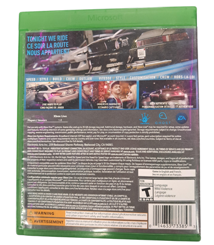 Need for Speed Xbox One racing video game EA Sports Ghost Games street racing car customization tuner cars police pursuit open world racing gameplay drifting nitrous high speed racing simulator arcade racing Xbox One software game title back cover 