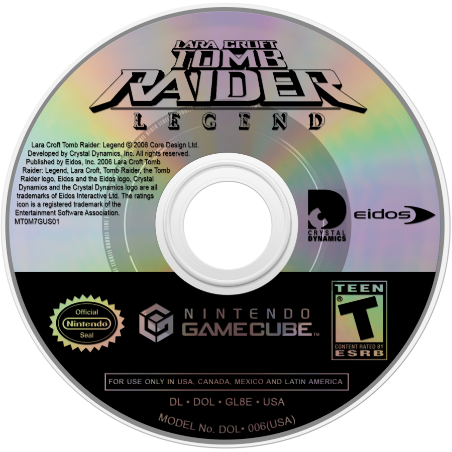Tomb Raider Legend GameCube GC video game, action adventure, exploration and puzzle solving, Lara Croft, cinematic gameplay, Nintendo GameCube title disc