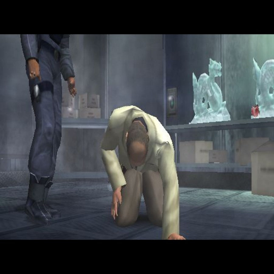 Minority Report gameplay for PlayStation 2 (PS2) featuring futuristic third‑person action gameplay with explosive combat, jetpack sequences, and destructible environments.