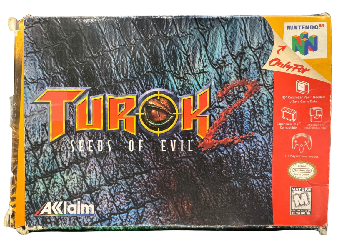 Turok 2 Seeds of Evil Gray Cart Missing Manual Nintendo 64 N64 video game featuring first person shooter gameplay Turok dinosaur hunting action weapon combat prehistoric environments enemy battles challenging missions boss fights and classic 64 bit Nintendo gameplay retro video game collection collectible gaming appeal box front