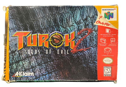 Turok 2 Seeds of Evil Gray Cart Missing Manual Nintendo 64 N64 video game featuring first person shooter gameplay Turok dinosaur hunting action weapon combat prehistoric environments enemy battles challenging missions boss fights and classic 64 bit Nintendo gameplay retro video game collection collectible gaming appeal box front