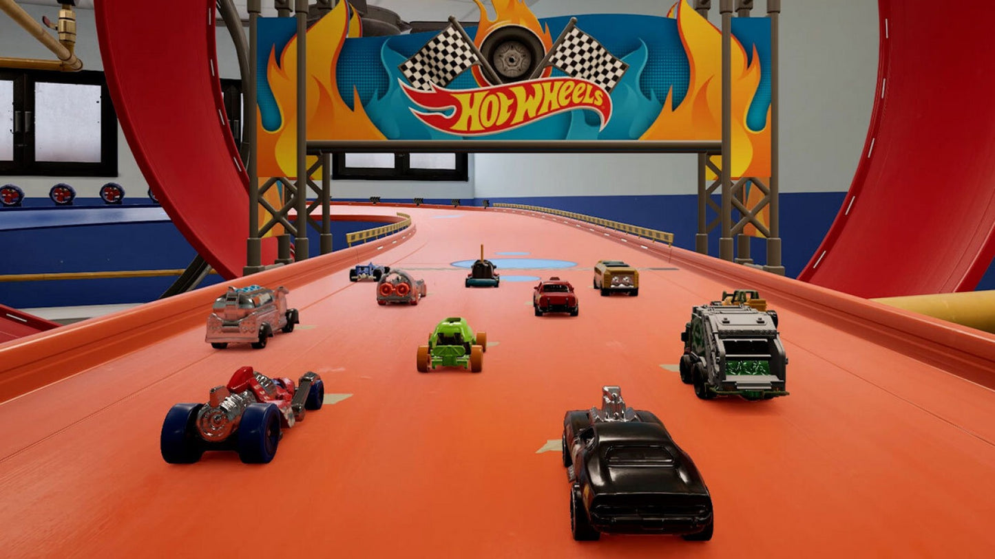Hot Wheels Unleashed Nintendo Switch inspired design featuring high speed arcade racing aesthetic miniature die cast vehicles gravity defying tracks thrilling stunts competitive multiplayer action vibrant environments and fast paced racing gameplay presentation gameplay