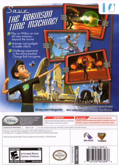 Meet the Robinsons Nintendo Wii for action adventure video game fans featuring time travel exploration futuristic environments inventive gadgets puzzle solving platforming challenges robotic enemies and Disney animated movie characters family friendly gameplay collectible gaming appeal back cover art