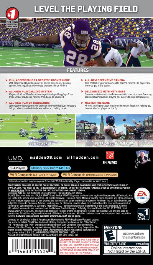 Madden NFL 09 PlayStation Portable PSP back of case for retro video game enthusiasts featuring American football simulation gameplay realistic NFL team management play calling systems franchise mode progression tactical offensive and defensive strategies and portable handheld sports gaming experience and collectible gaming appeal