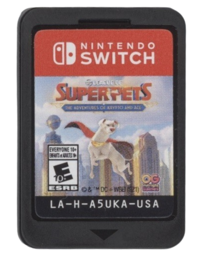 The DC League of Super-Pets Adventures of Krypto and Ace Nintendo Switch action-adventure game featuring co-op gameplay for Superman's dog and Batman's canine cartridge