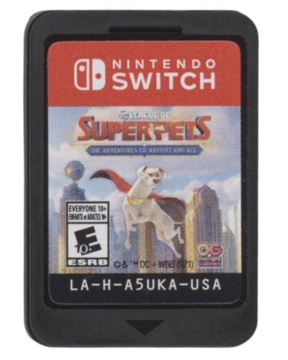 The DC League of Super-Pets Adventures of Krypto and Ace Nintendo Switch action-adventure game featuring co-op gameplay for Superman's dog and Batman's canine cartridge