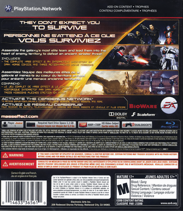 Mass Effect 2 back cover art for PlayStation 3 (PS3) video game