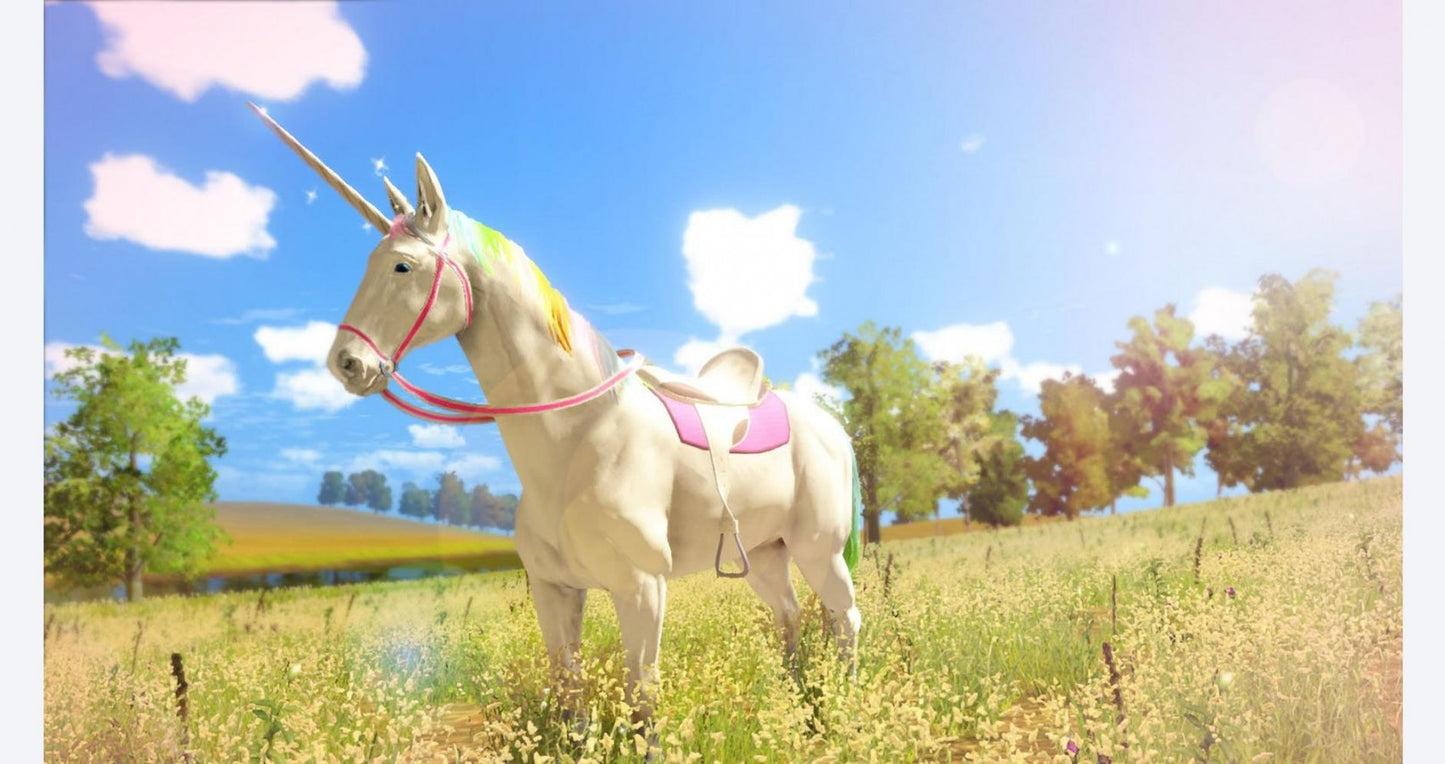 The Unicorn Princess for PlayStation 4, gameplay for a fantasy adventure simulation video game with horseback riding, magical exploration, quest-based gameplay, and family-friendly open-world adventure