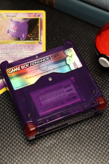 Game Boy Advance SP Custom Gengar Shell Nintendo handheld console with custom Gengar themed shell clamshell design backlit screen rechargeable battery cartridge based portable retro gaming system