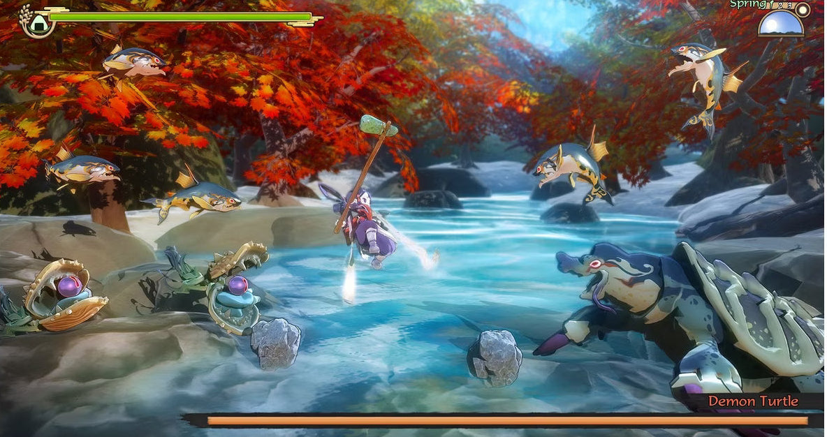 Sakuna Of Rice and Ruin for Nintendo Switch action platformer and farming simulation game featuring side scrolling combat rice cultivation mechanics Japanese mythology setting and adventure gameplay
