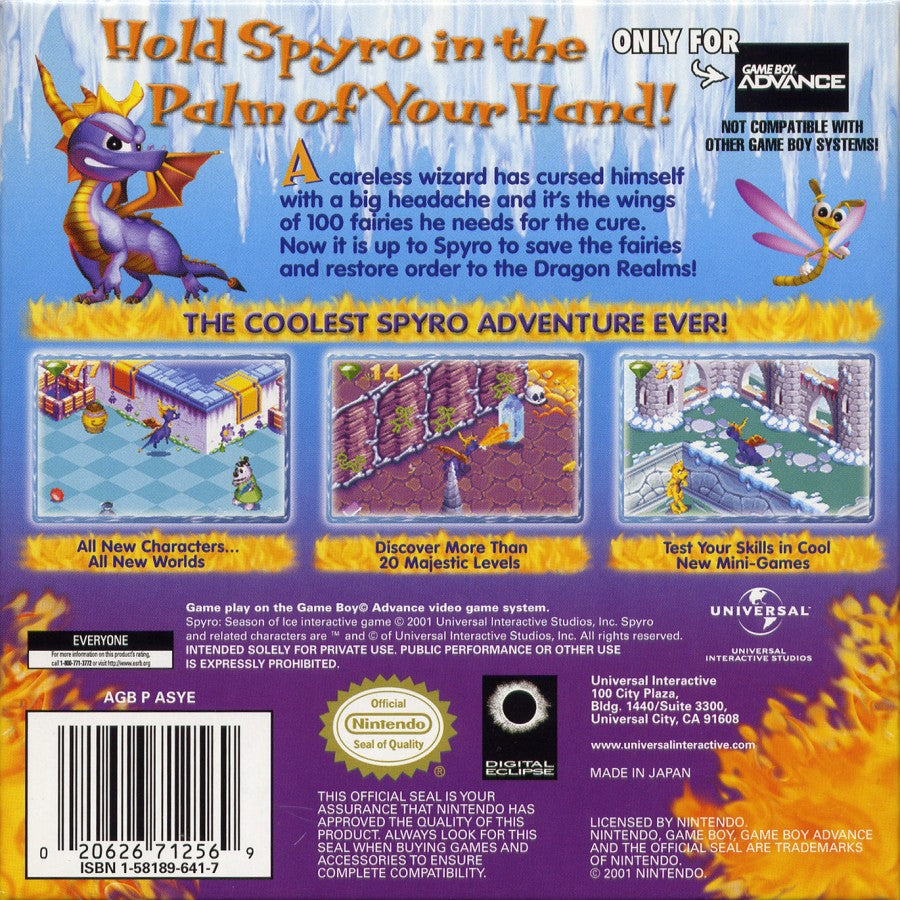 Spyro: Season of Ice Nintendo Game Boy Advance GBA for action platformer retro video game fans featuring dragon adventure colorful fantasy worlds collectible gems magical abilities challenging platforming enemy encounters classic handheld gaming collectible gaming appeal back of case