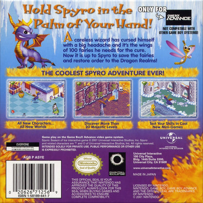 Spyro: Season of Ice Nintendo Game Boy Advance GBA for action platformer retro video game fans featuring dragon adventure colorful fantasy worlds collectible gems magical abilities challenging platforming enemy encounters classic handheld gaming collectible gaming appeal back of case