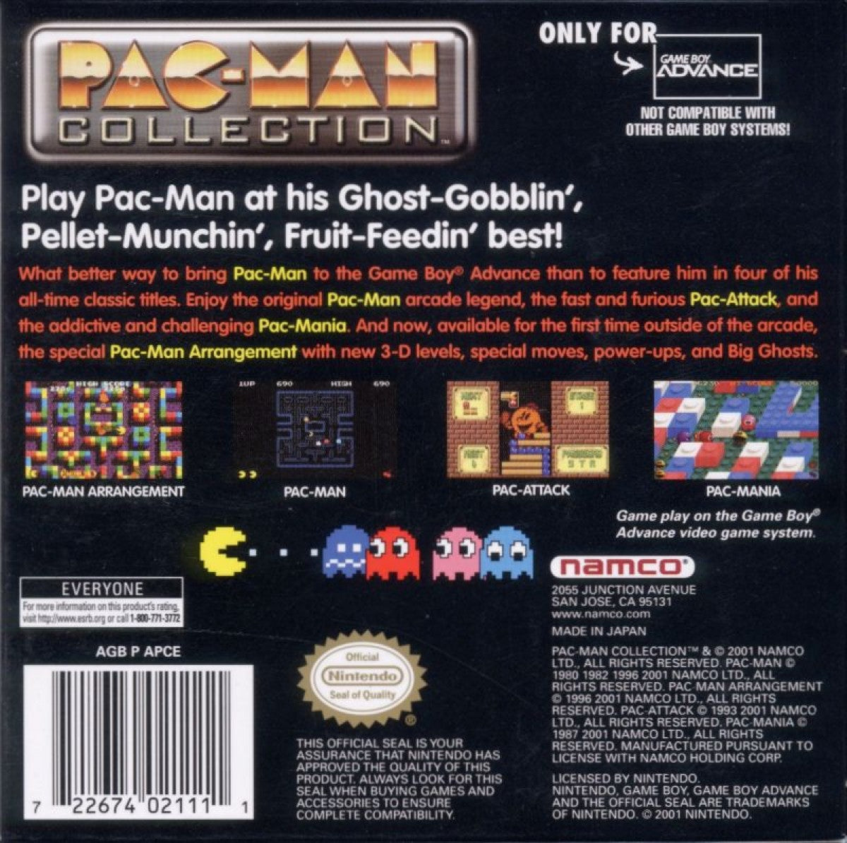 Pac-Man Collection for Game Boy Advance, back of case for an arcade compilation video game with classic maze gameplay, multiple game modes, retro challenges, and iconic character action