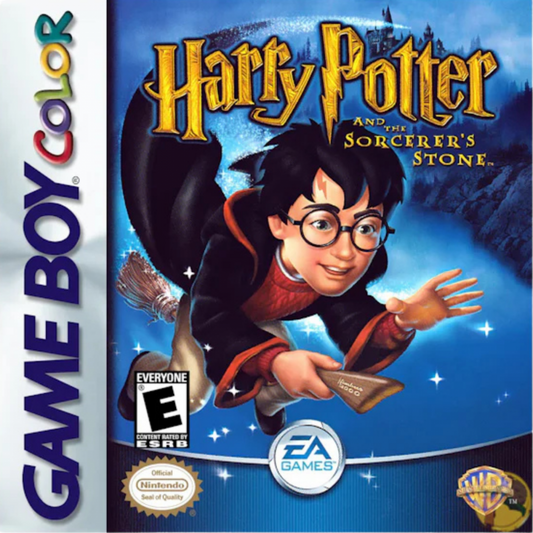 Harry Potter and the Sorcerers Stone Game Boy Color GBC action-RPG video game top-down perspective spell casting potion making puzzle solving platforming elements exploring Hogwarts collecting chocolate frogs front cover