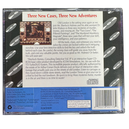 Sherlock Holmes Consulting Detective Volume II TurboGrafx-16 CD TGCD video game Complete In Box CIB featuring mystery adventure gameplay Sherlock Holmes detective investigations clue gathering evidence analysis case solving interactive storytelling and classic 16 bit TurboGrafx-16 CD gameplay retro video game collection collectible gaming appeal back cover art