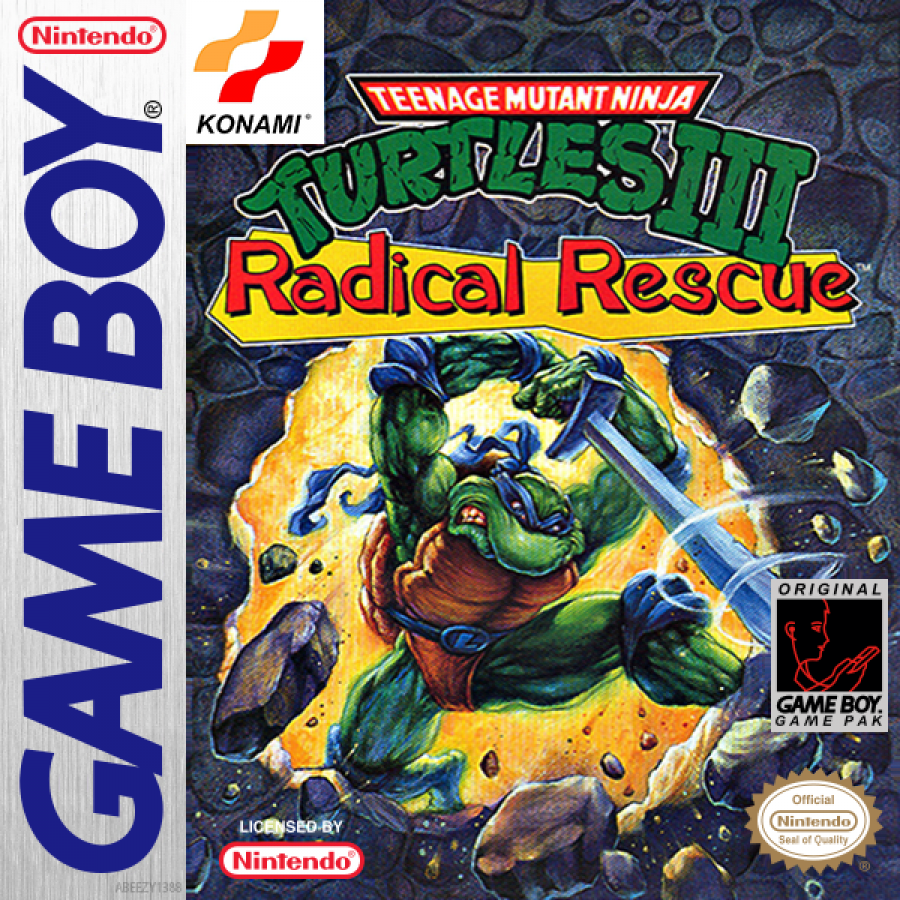 Teenage Mutant Ninja Turtles III: Radical Rescue Game Boy action platformer video game cover art.