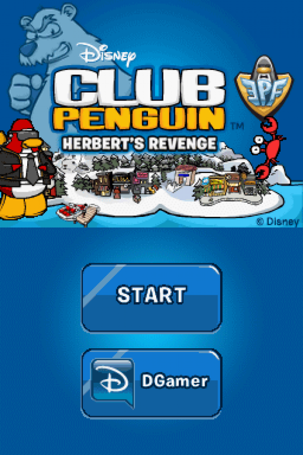 Club Penguin Herberts Revenge for Nintendo DS, title screen for an action-adventure video game with puzzle-solving, spy missions, mini-games, and cartoon-style gameplay