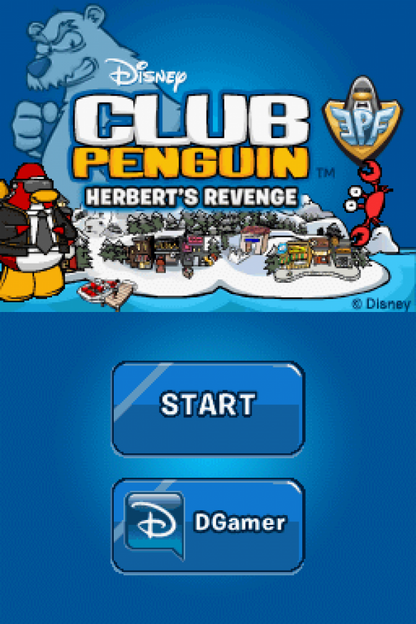 Club Penguin Herberts Revenge for Nintendo DS, title screen for an action-adventure video game with puzzle-solving, spy missions, mini-games, and cartoon-style gameplay