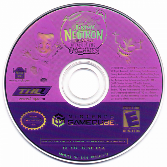 Disc art for The Adventures of Jimmy Neutron Boy Genius Attack of the Twonkies GameCube GC video game, action adventure, cartoon, family-friendly, platformer, Nintendo GameCube classic