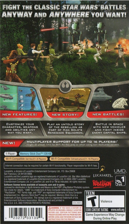 Star Wars Battlefront Renegade Squadron PlayStation Portable PSP video game, third-person shooter, large-scale sci-fi battles, Star Wars franchise title back cover
