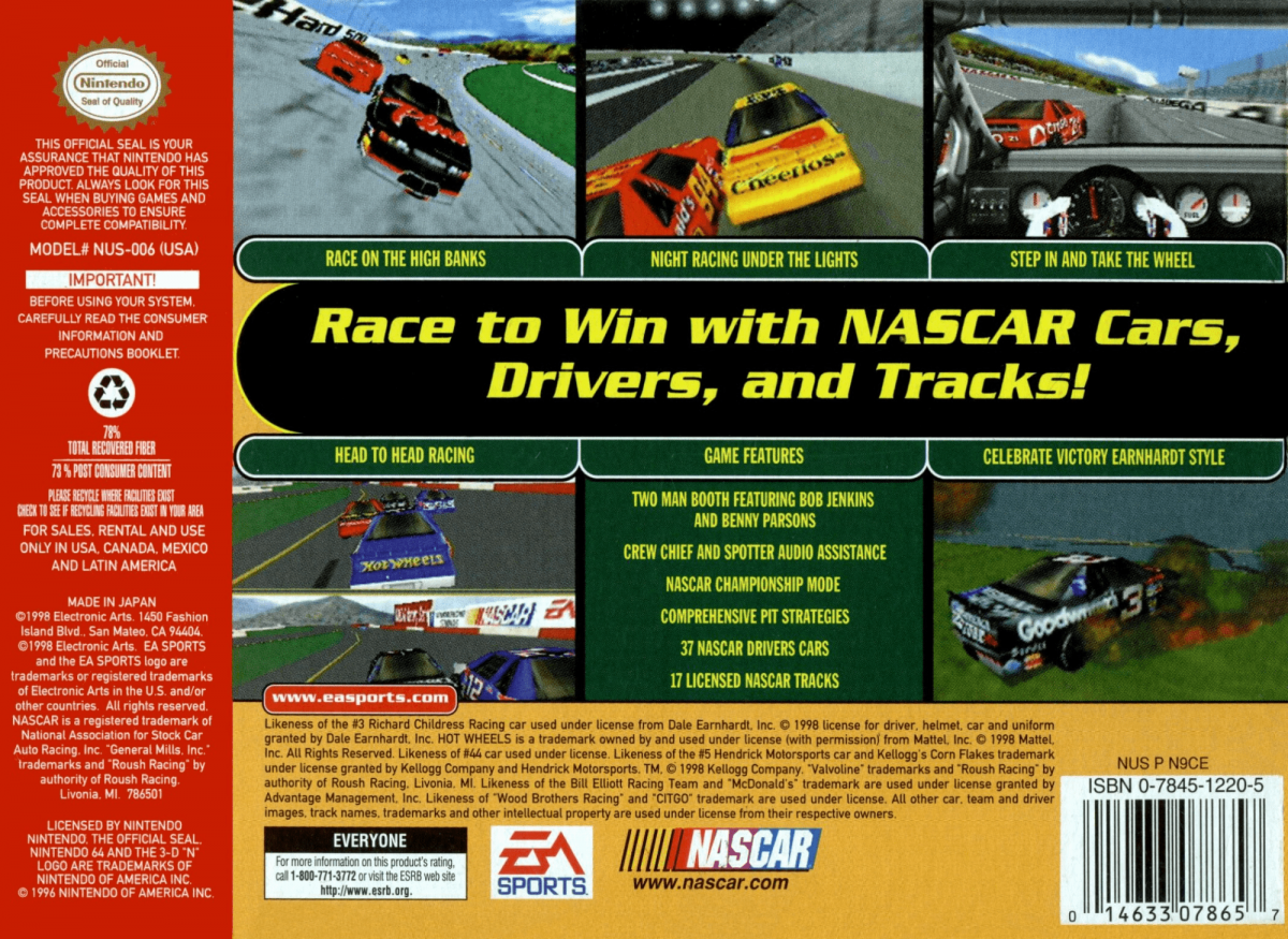 NASCAR 99 back cover art for Nintendo 64 N64 video game