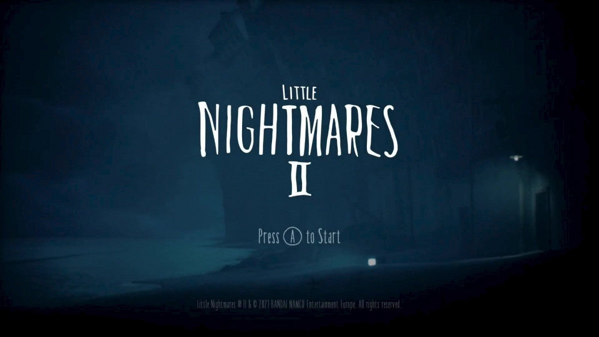 Little Nightmares II Nintendo Switch horror puzzle platformer following Mono and Six through the Pale City running from the Hunter Teacher and Thin Man title screen