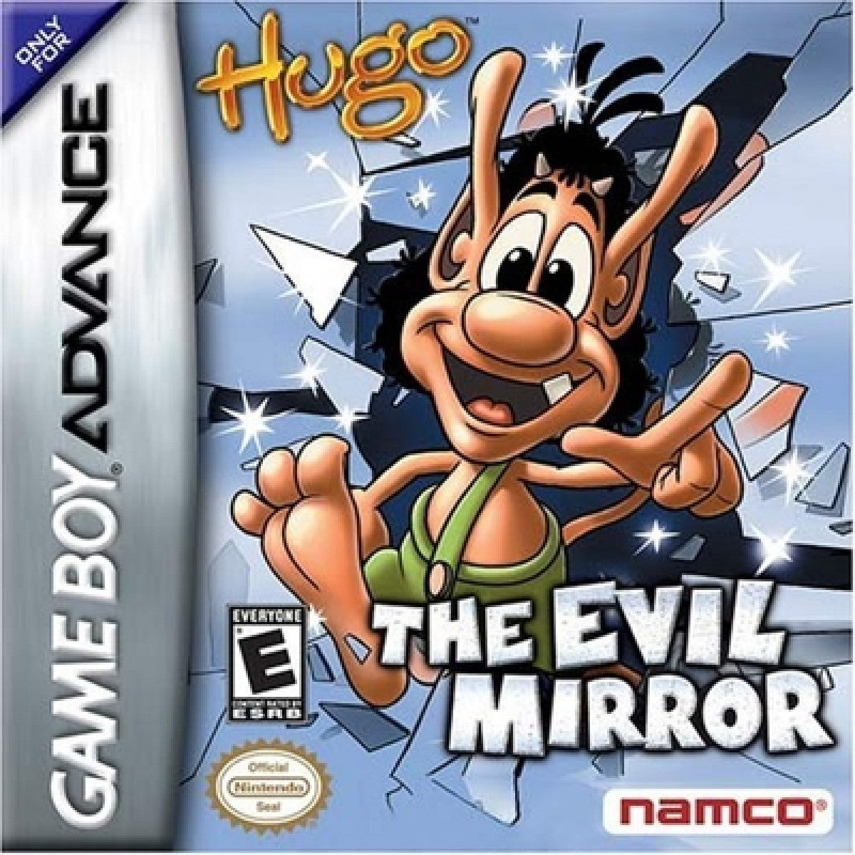 Hugo The Evil Mirror for Game Boy Advance, cover image for an action-adventure video game with platforming gameplay, puzzle-solving, fantasy storyline, and character-based challenges