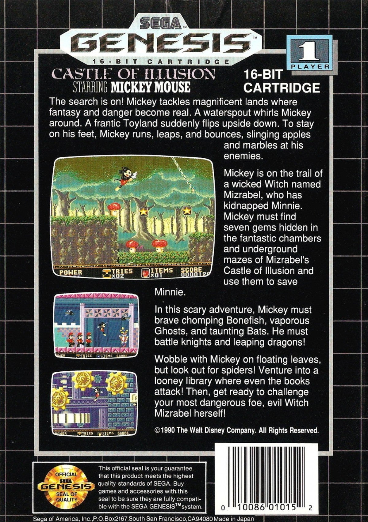 Disney Castle of Illusion Starring Mickey Mouse Sega Genesis retro video game platformer back of case (1990)
