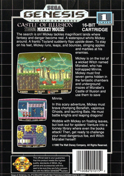 Disney Castle of Illusion Starring Mickey Mouse Sega Genesis retro video game platformer back of case (1990)