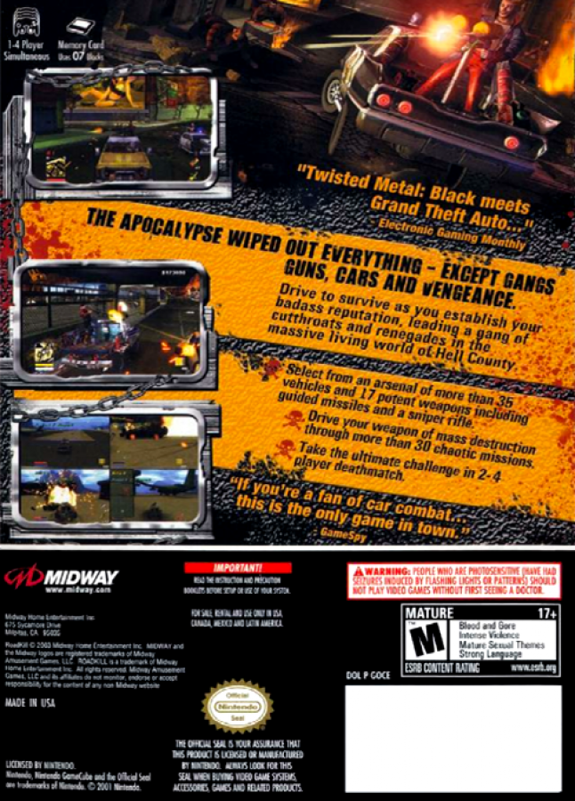 RoadKill back of case for Nintendo GameCube (GC) vehicular combat action video game