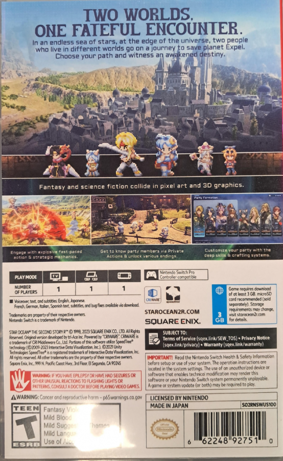 Star Ocean The Second Story R Nintendo Switch for retro video game enthusiasts featuring fantasy science fiction role playing gameplay enhanced HD 2D visuals real time combat mechanics expansive world exploration character driven storytelling multiple endings and collectible gaming appeal back cover 