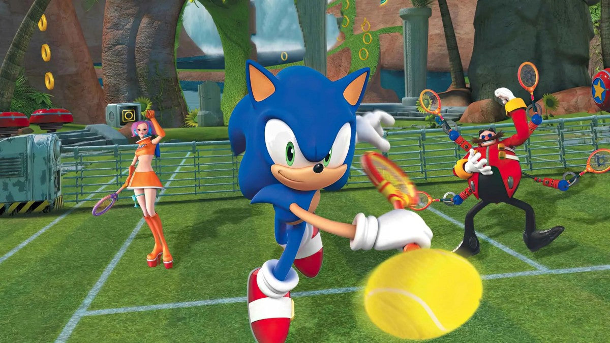Sega Superstars Tennis Wii inspired design featuring arcade style tennis gameplay aesthetic iconic Sega characters colorful courts motion controlled matches fast paced multiplayer action family friendly sports competition nostalgic Nintendo Wii presentation gameplay