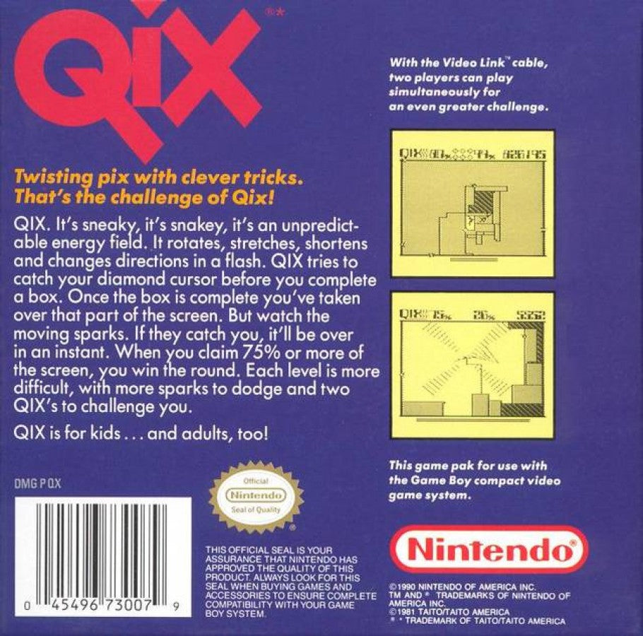 Qix back cover art for Game Boy (GB) video game
