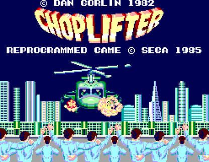 Choplifter Sega Master System SMS for arcade action video game fans featuring helicopter rescue missions side scrolling combat enemy bases military vehicles hostage rescues strategic flying challenging stages and classic Sega Master System gameplay collectible retro gaming appeal gameplay