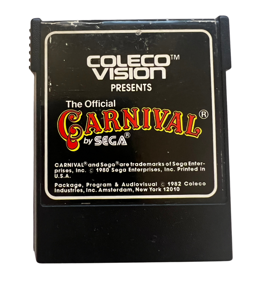 Carnival for ColecoVision, cartridge for an arcade shooter video game with carnival-themed target shooting, retro action gameplay, score-chasing challenges, and classic fast-paced fun
