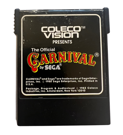 Carnival for ColecoVision, cartridge for an arcade shooter video game with carnival-themed target shooting, retro action gameplay, score-chasing challenges, and classic fast-paced fun