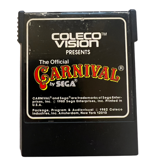 Carnival for ColecoVision, cartridge for an arcade shooter video game with carnival-themed target shooting, retro action gameplay, score-chasing challenges, and classic fast-paced fun