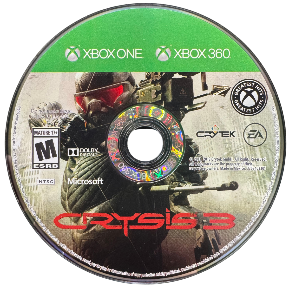 Crysis 3 Xbox One XONE video game featuring first person shooter gameplay futuristic nanosuit combat Prophet character advanced stealth abilities high tech weaponry compound bow combat alien Ceph enemies urban jungle environments tactical combat missions explosive firefights and science fiction action gameplay retro video game collection collectible gaming appeal disc