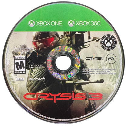 Crysis 3 Xbox One XONE video game featuring first person shooter gameplay futuristic nanosuit combat Prophet character advanced stealth abilities high tech weaponry compound bow combat alien Ceph enemies urban jungle environments tactical combat missions explosive firefights and science fiction action gameplay retro video game collection collectible gaming appeal disc