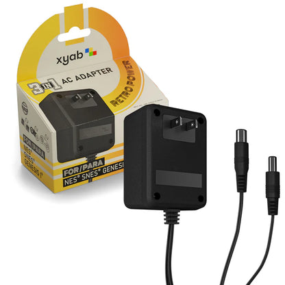 XYAB brand 3-in-1 power adapter compatible with Sega Genesis, Nintendo NES, and Super Nintendo SNES consoles providing reliable AC power
